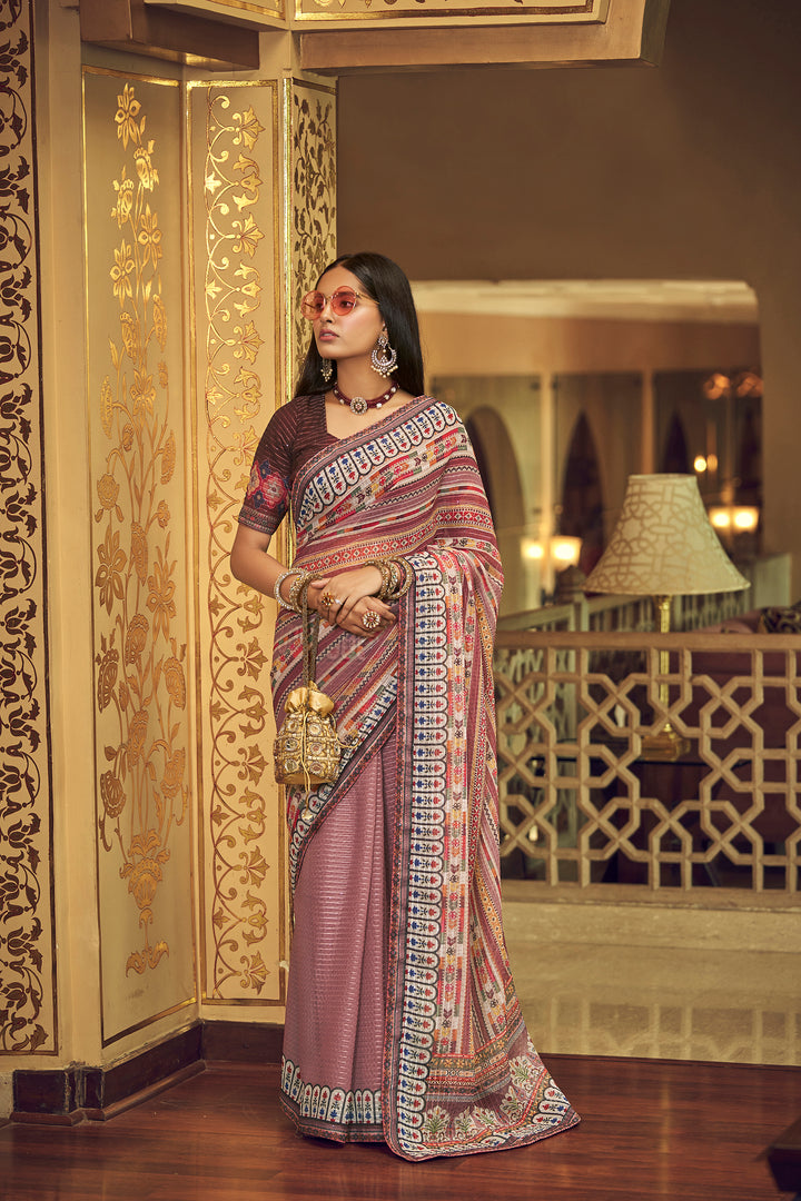 Mauve Georgette Saree with Sequins Work | Thread and Printed Art Silk Blouse