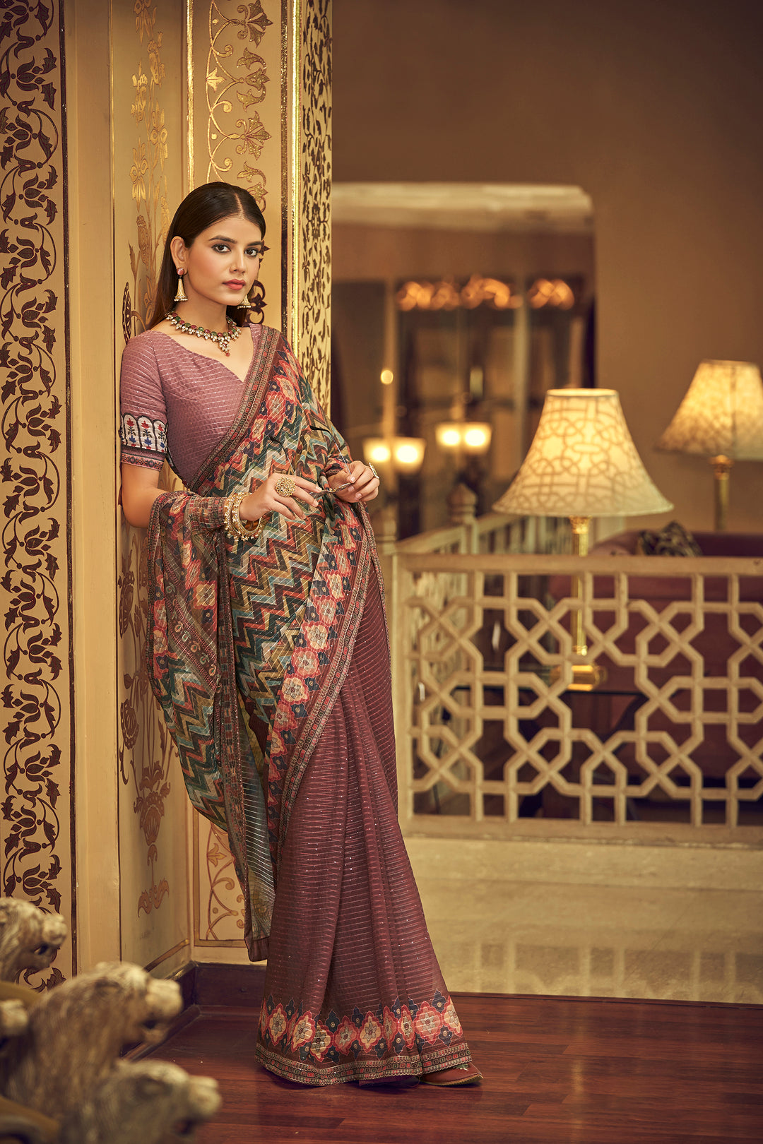 Brown Georgette Saree with Sequins Work | Thread and Printed Art Silk Blouse