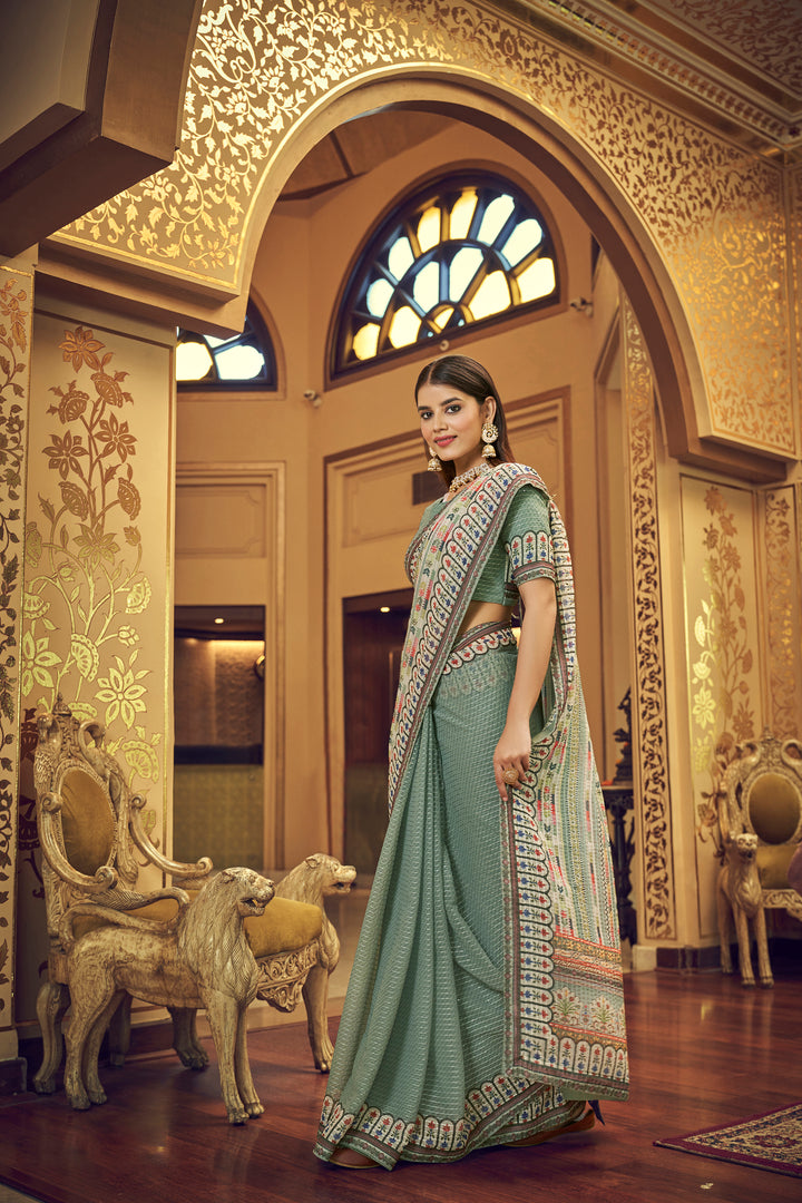 Sea Green Georgette Saree with Sequins Work | Thread and Printed Art Silk Blouse