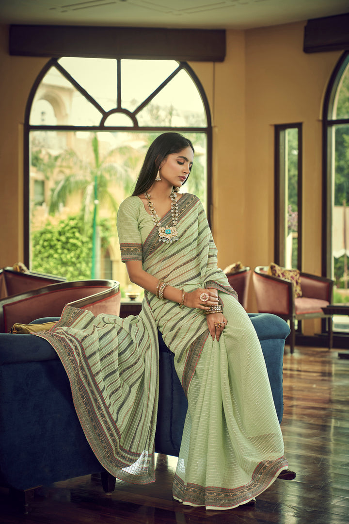 Pista Green Georgette Saree with Sequins Work | Thread and Printed Art Silk Blouse