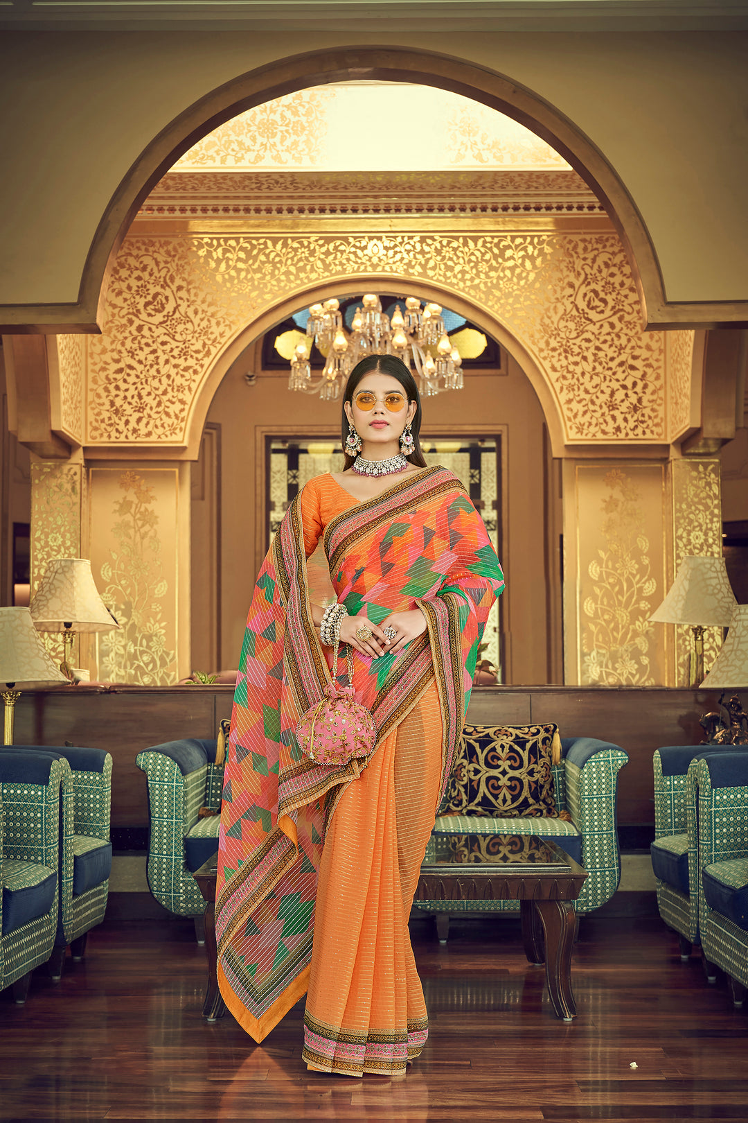 Orange Georgette Saree with Sequins Work | Thread and Printed Art Silk Blouse