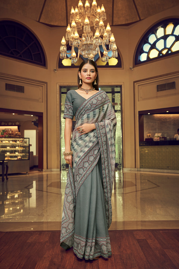 Grey Georgette Saree with Sequins Work | Thread and Printed Art Silk Blouse