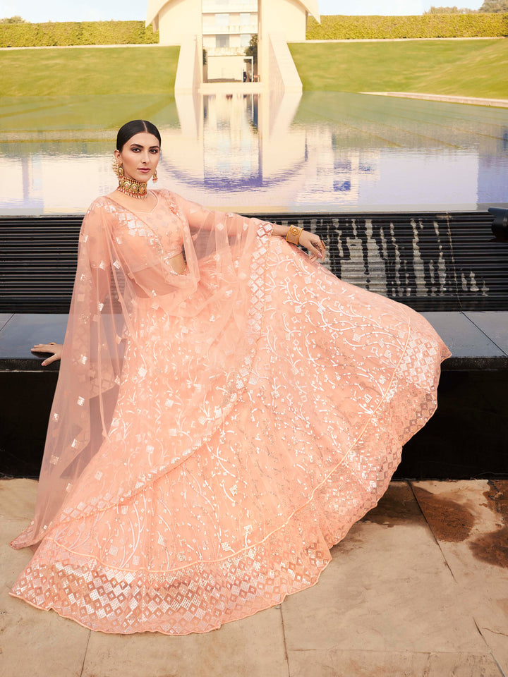 Soft Net Lehenga with Sequins and Thread Work | Semi-Stitched Peach Lehenga