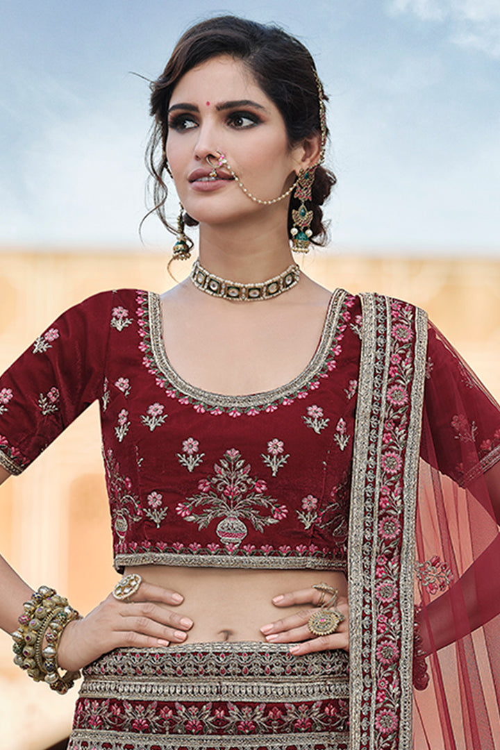 Semi Stitched Velvet Lehenga Choli Set | Bridal Wear Embroidered Lehenga