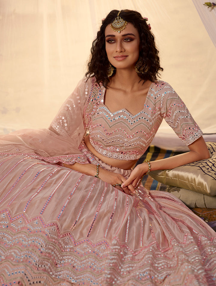 Peach Organza Lehenga for Women | Embroidered Mirror Work with Dupatta