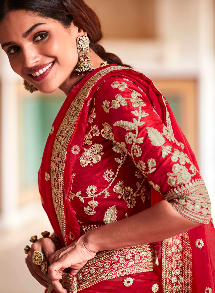 Red Organza Saree with Art Silk Blouse | Zari and Sequins Work for Party Wear