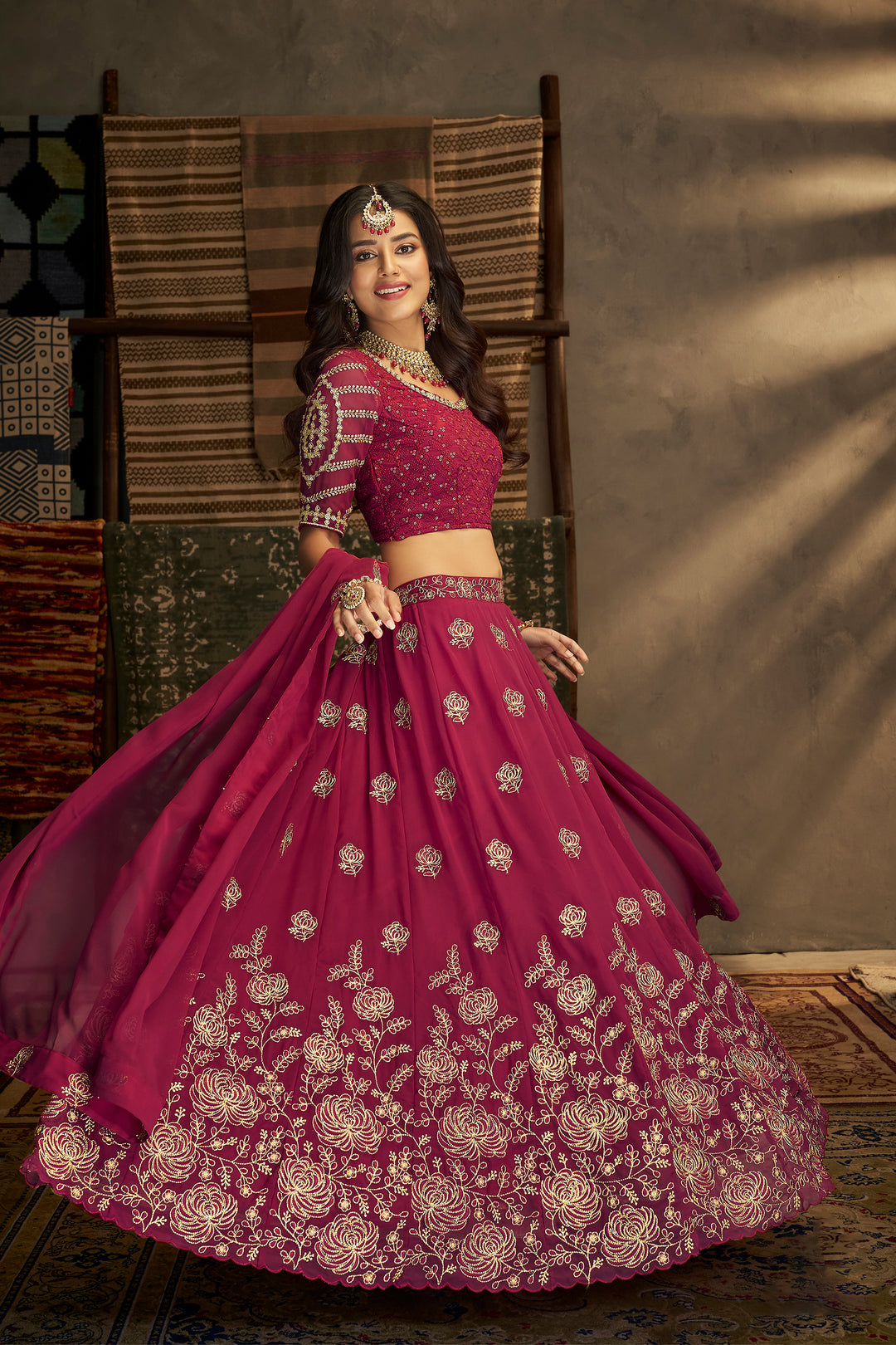 Pink Georgette Lehenga Choli | Semi-Stitched with Dori Thread Work