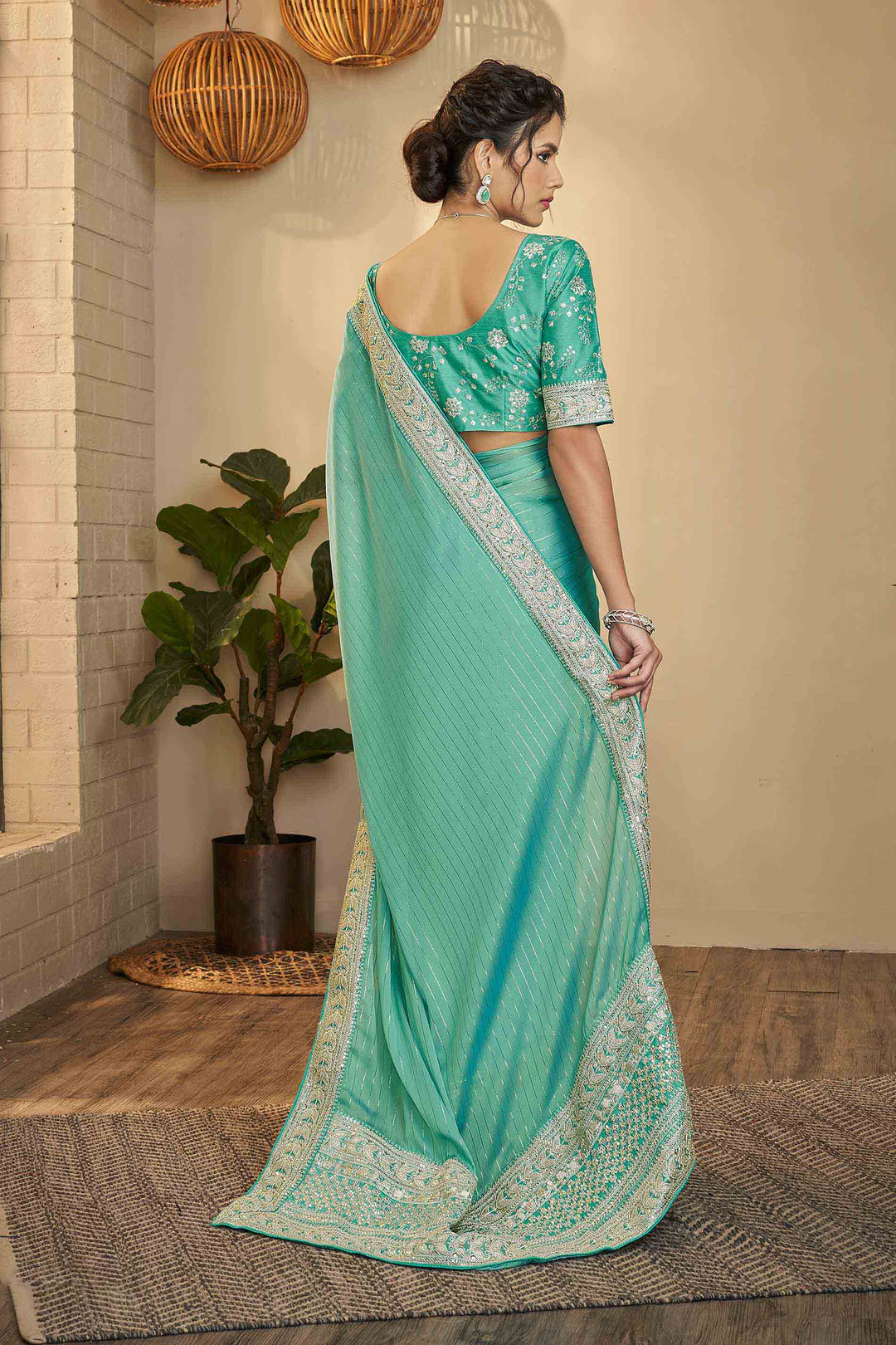 Sea Green Designer Silk Base Saree | Unstitched Blouse Included