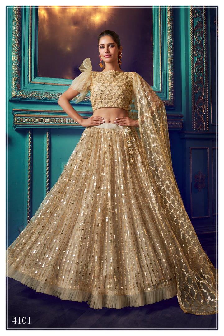 Soft Net Bridal Lehenga in Dusky Beige | Party Wear Lehenga for Women