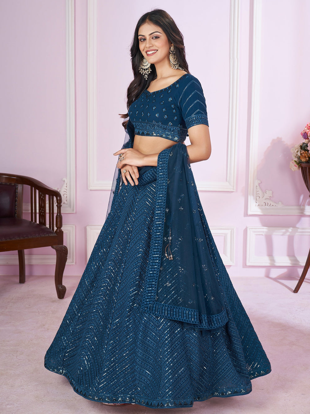 Dazzling Teal Blue Sequins Georgette Designer Lehenga Choli