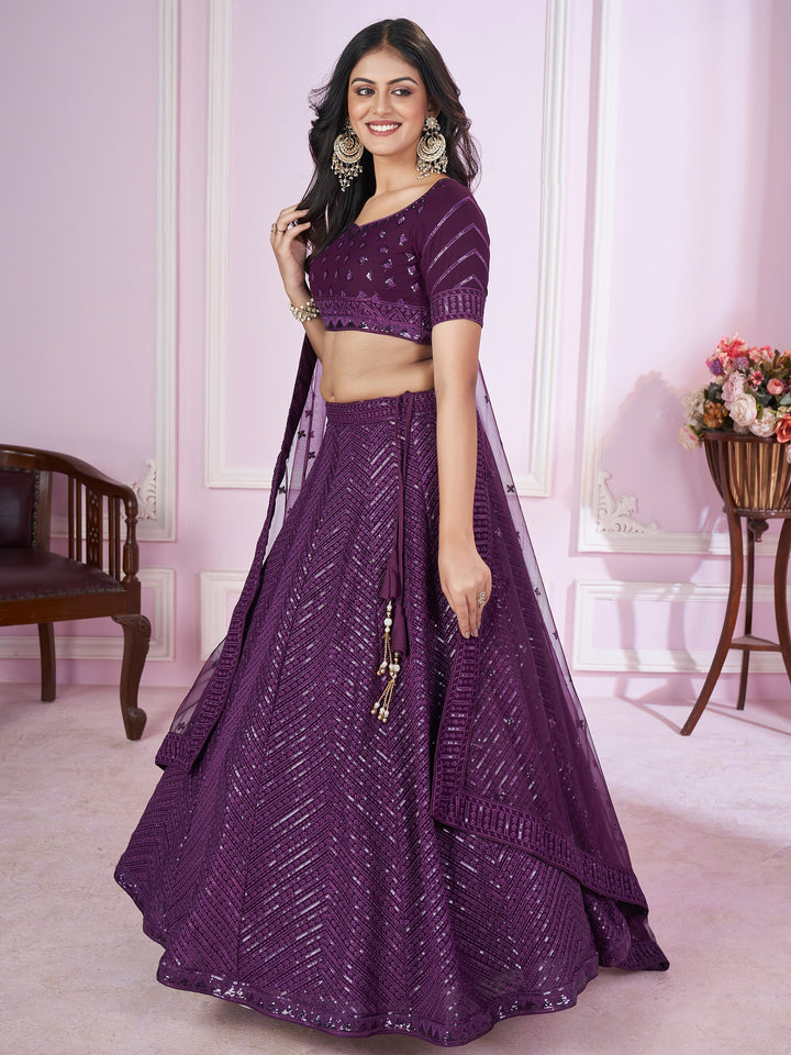 Astonishing Purple Sequins Georgette Reception Wear Lehenga Choli