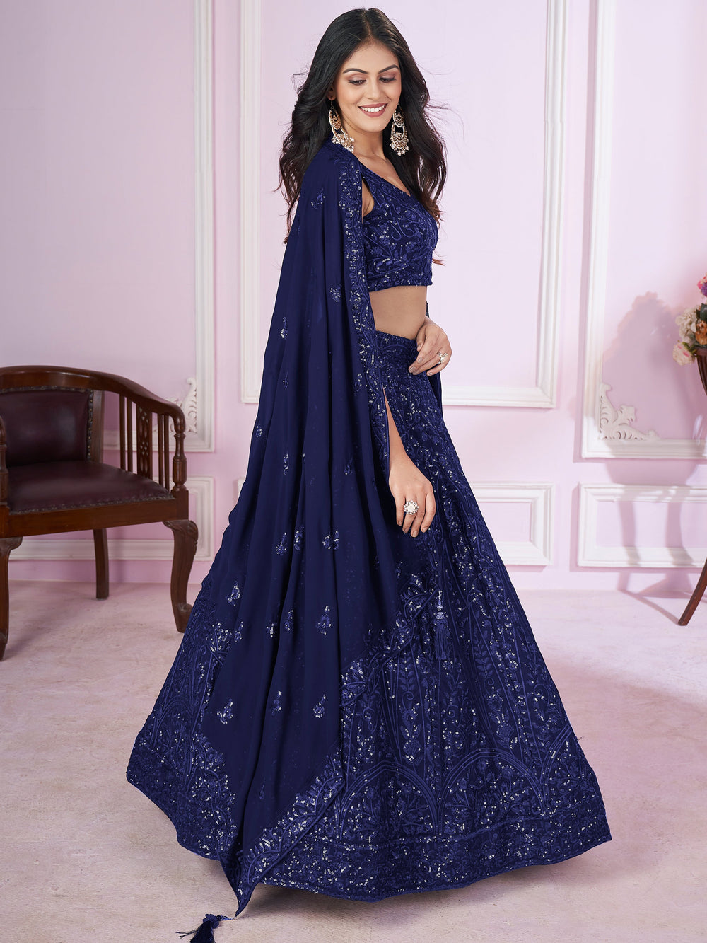 Marvelous Blue Sequins Georgette Engagement Wear Lehenga Choli