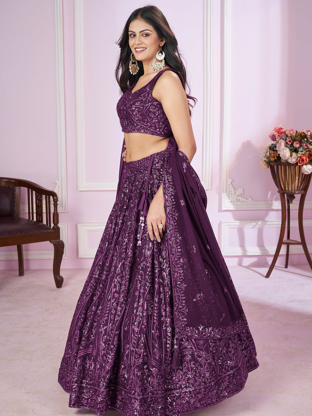 BeautifulÃ‚Â Purple Sequins Georgette Wedding Lehenga Choli With Dupatta