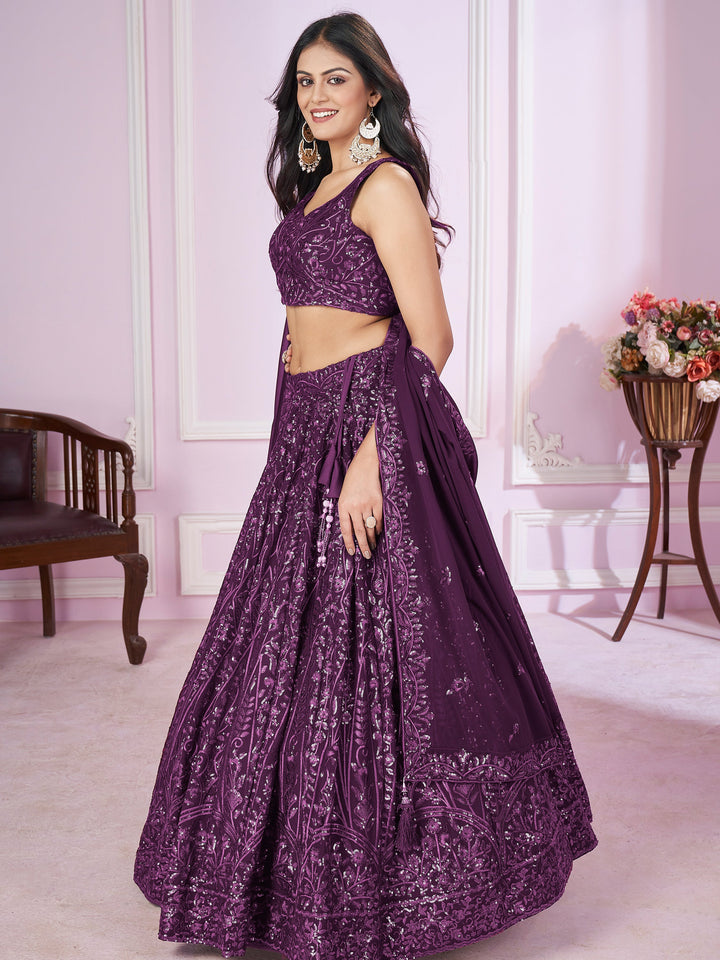 BeautifulÃ‚Â Purple Sequins Georgette Wedding Lehenga Choli With Dupatta