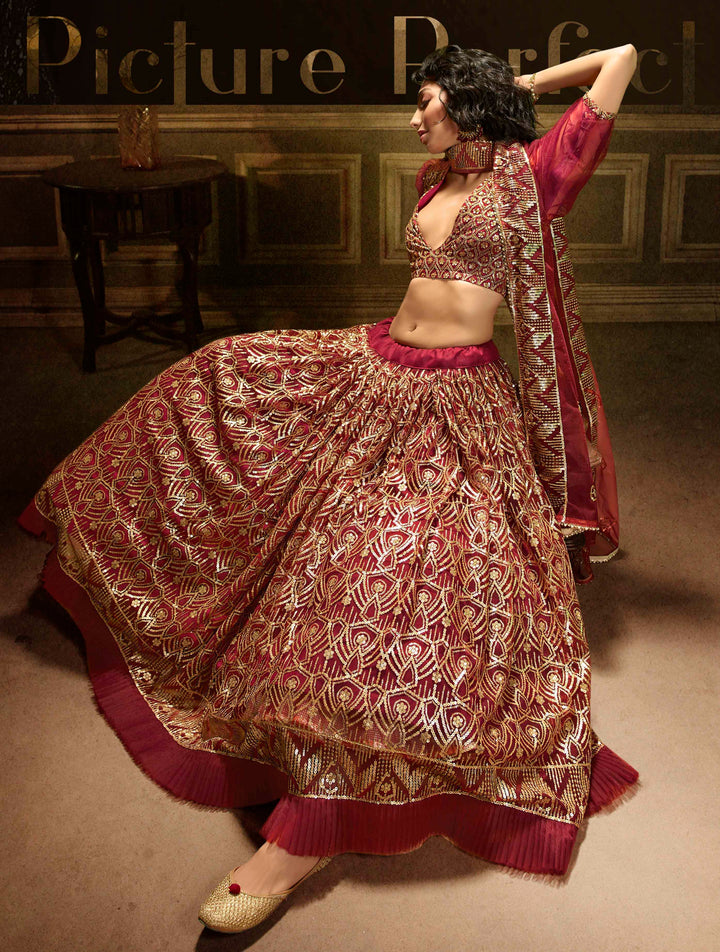 Maroon Soft Net Lehenga | Sequins Bridal Lehenga for Weddings