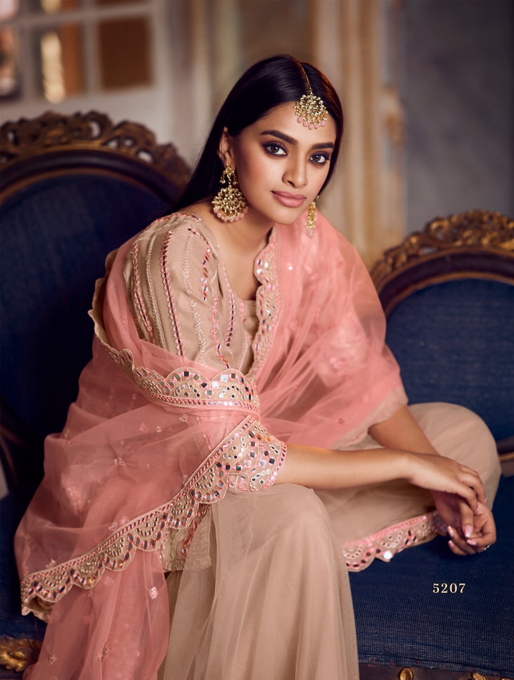 Elegant peach net designer suit with matching bottom & dupatta for weddings & parties.