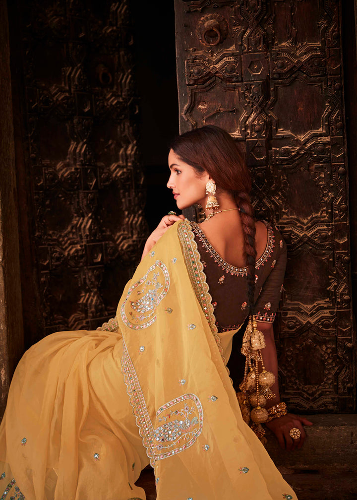 Mustard Organza Saree with Zari and Thread Work | Art Silk Blouse for Festive Wear