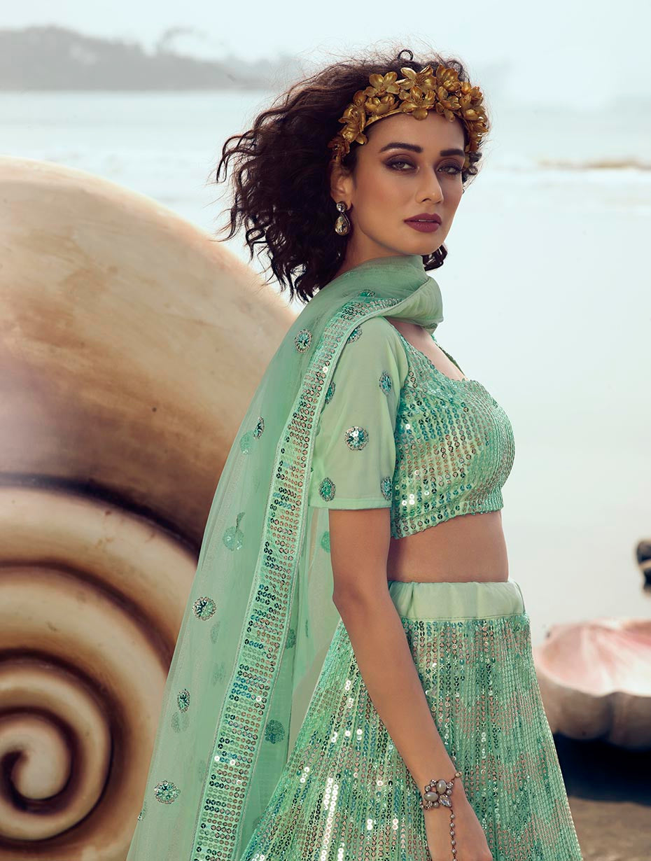 Exquisite Green Net Lehenga | Customizable for Wedding Wear