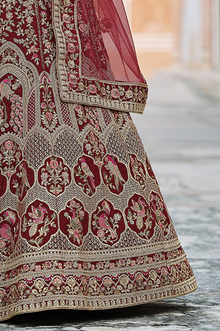 Embroidered Flared Lehenga Choli Set | Velvet Semi-Stitched Bridal Wear