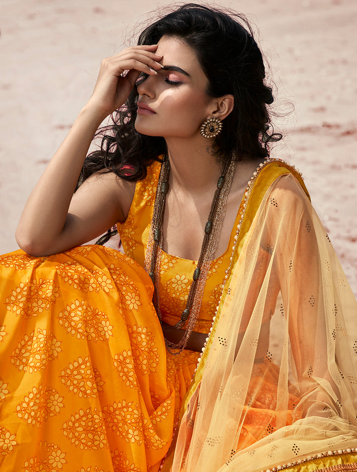 Stunning Digital Print Lehenga | Mustard & Orange for Wedding Glam