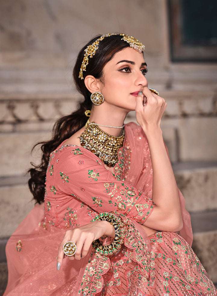 Peach Soft Net Zari & Resham Lehenga Choli | Wedding & Party Wear