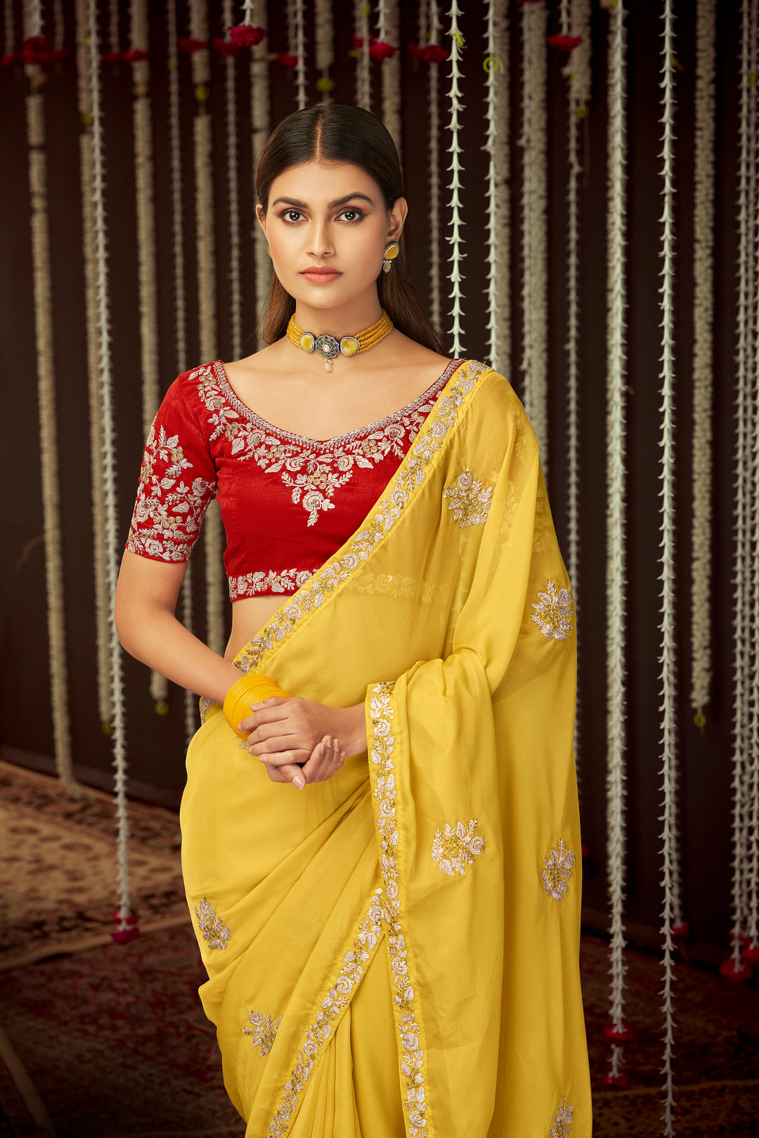 Elegant Mustard Organza Sadi | Indian Wedding Saree for Festive Looks