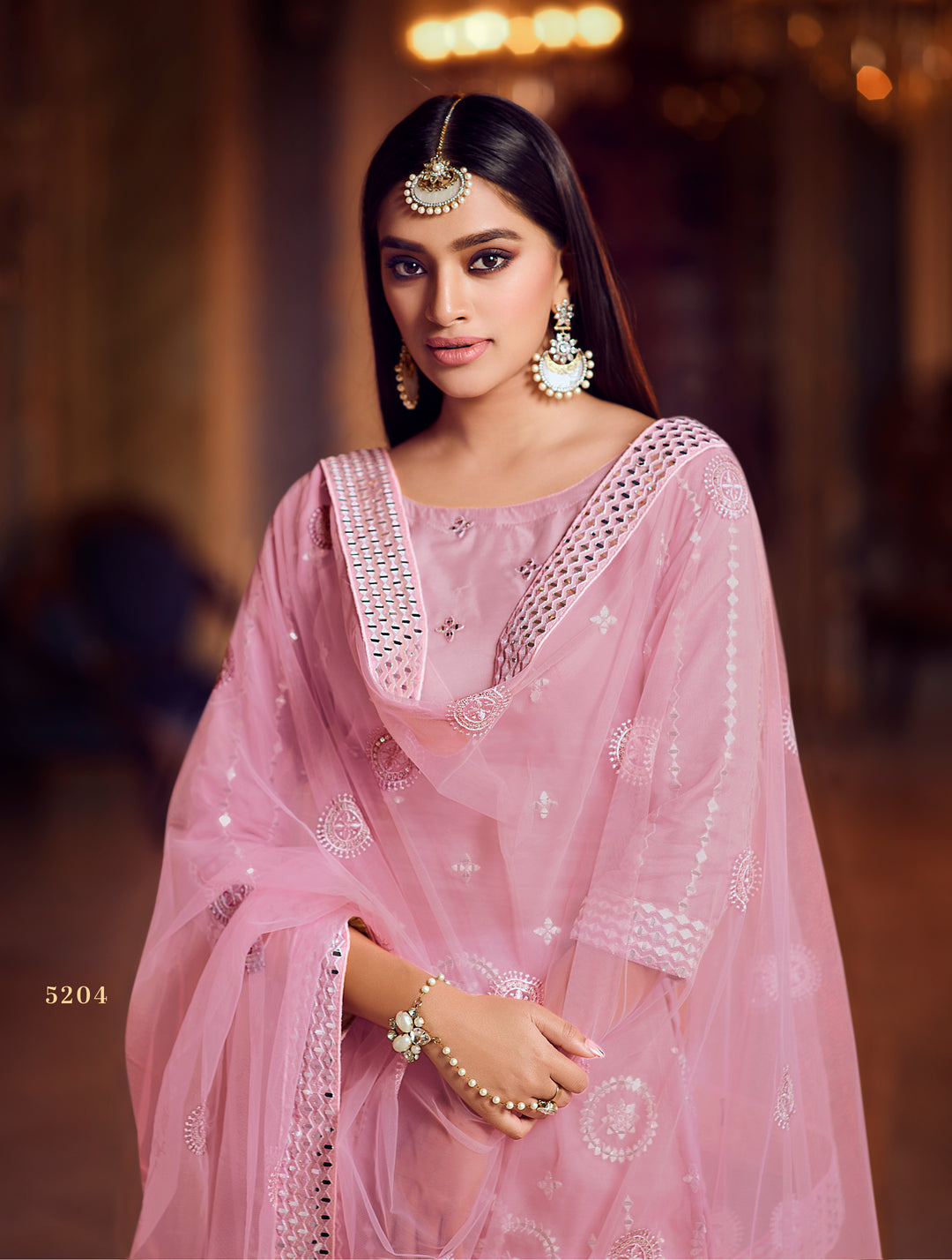 Baby pink A-line sharara suit with foil mirror and zari detailing