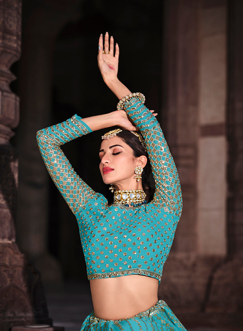 Stunning Turquoise Faux Georgette Lehenga | Perfect for Weddings