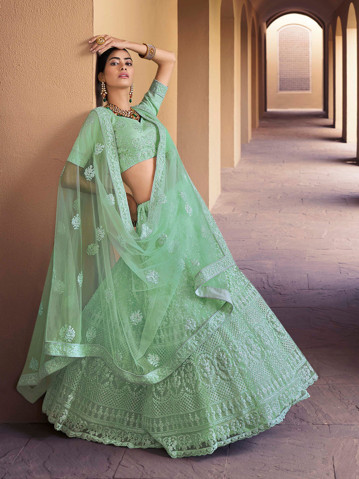 Soft Net Lehenga with Sequins and Dori Work | Semi-Stitched Pista Green Lehenga