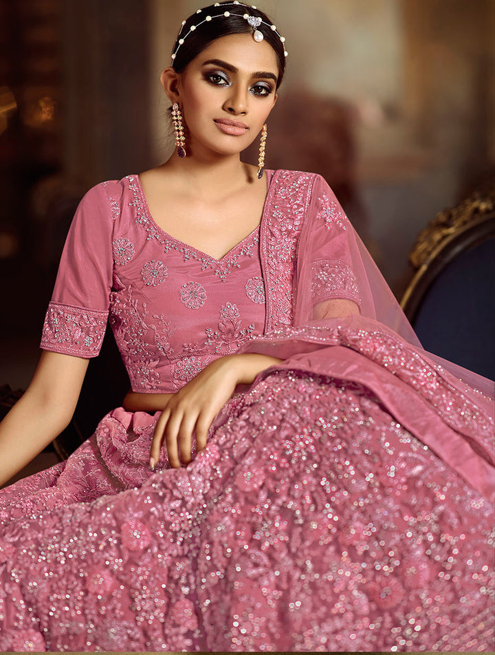 Pink Soft Net Lehenga with Intricate Embroidery | Elegant Bridal Wear