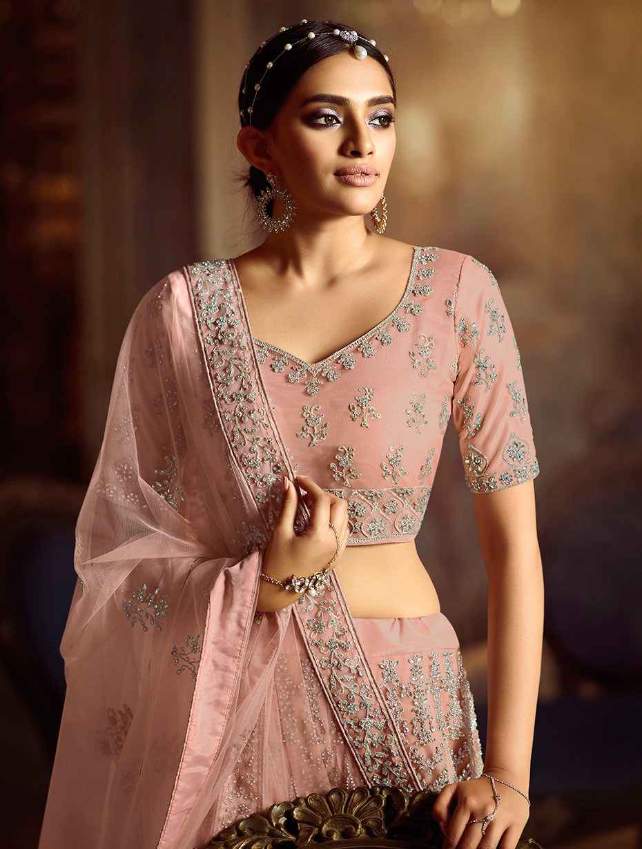 Peach Soft Net Lehenga with Dori and Zarkan Work | Bridal & Festive Wear