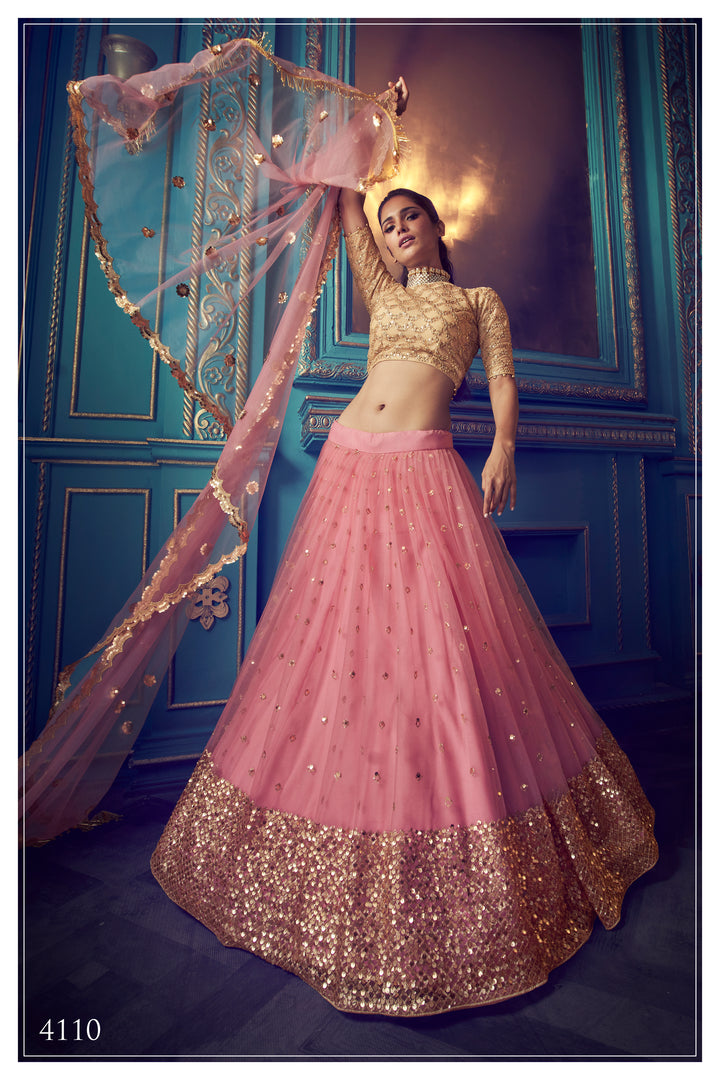 Pink Lehenga with Sequin Work | Elegant Soft Net Lehenga for Women