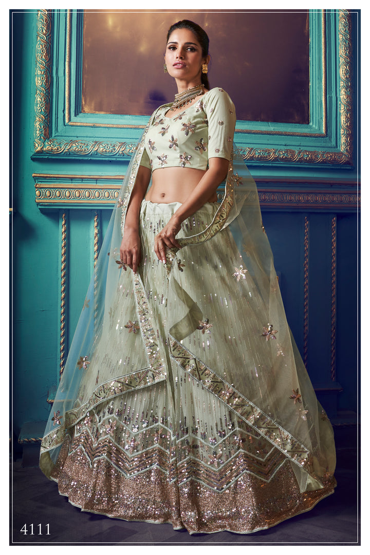 Green Lehenga with Sequin Work | Elegant Soft Net Lehenga for Women