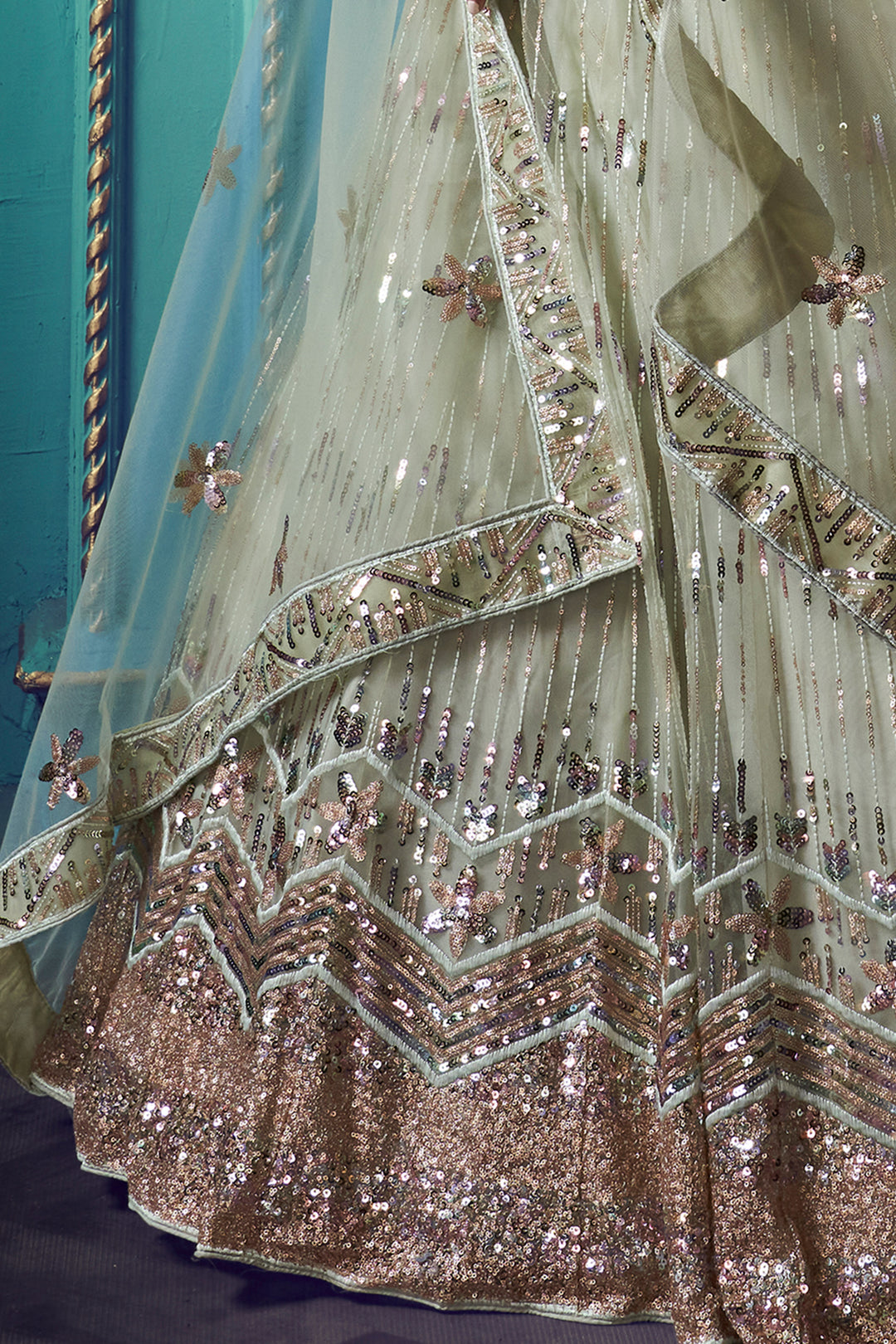 Green Lehenga with Sequin Work | Elegant Soft Net Lehenga for Women