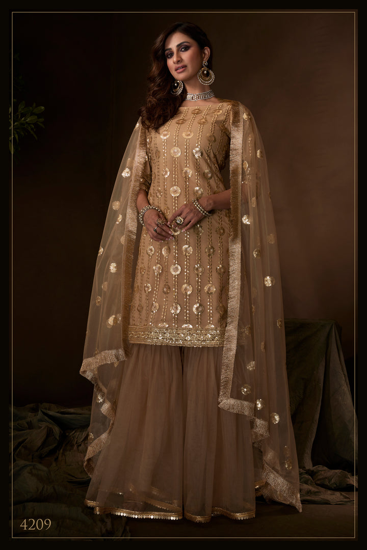 Beige Kurti Set | Sequin Work Sharara Dupatta Ensemble