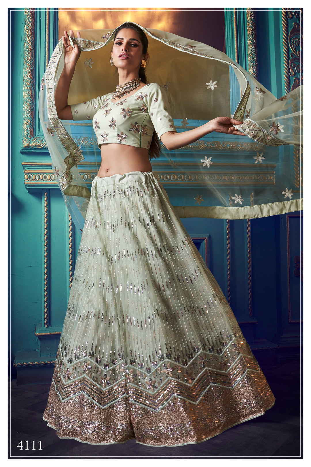 Green Lehenga with Sequin Work | Elegant Soft Net Lehenga for Women