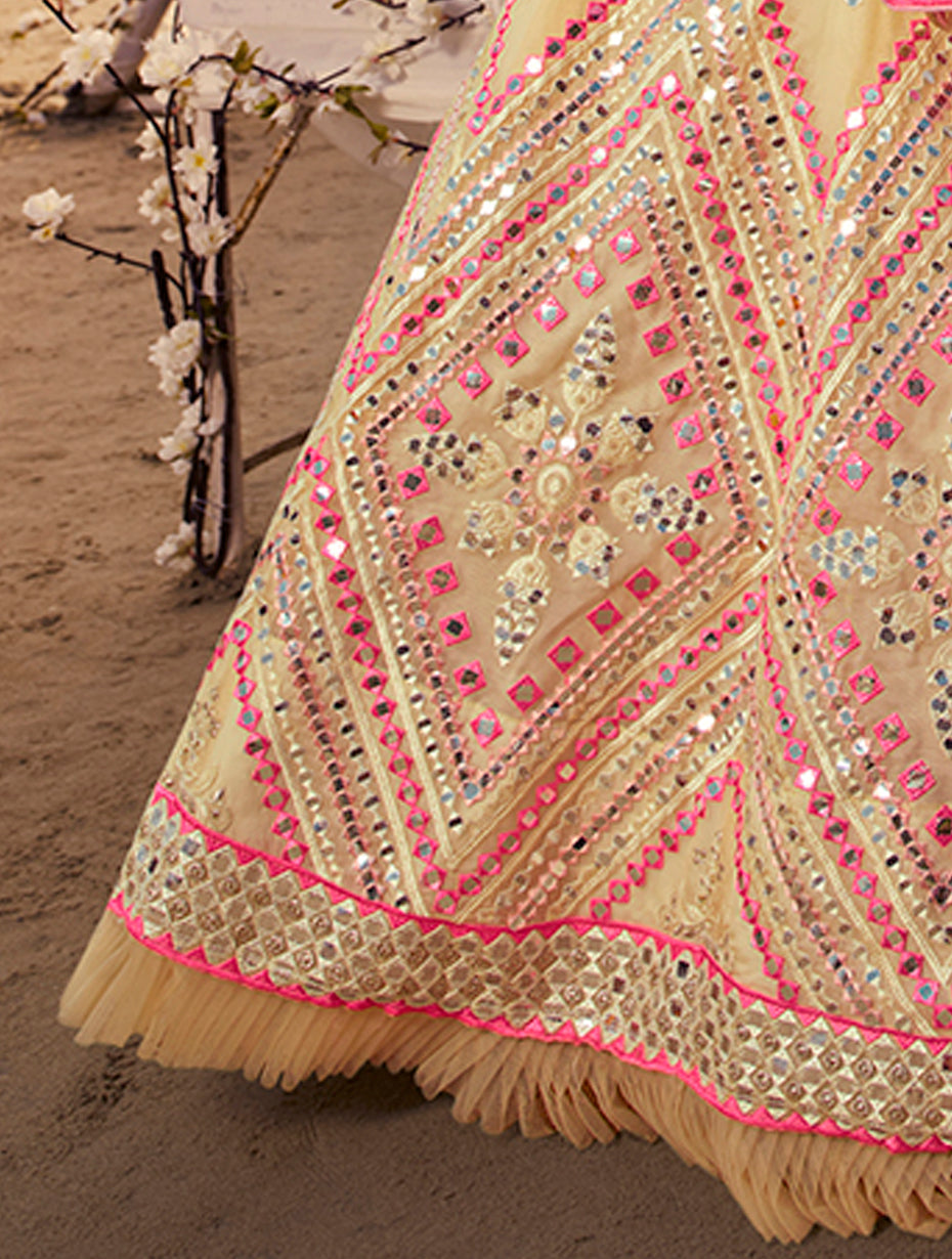 Yellow & Pink Embroidered Mirror Work Lehenga | Semi-Stitched with Dupatta