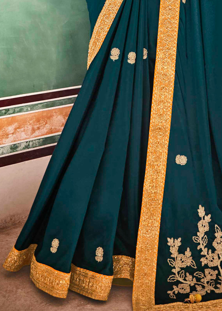 Rama Green Crepe Silk Saree | Art Silk Blouse with Dori and Sequins Work