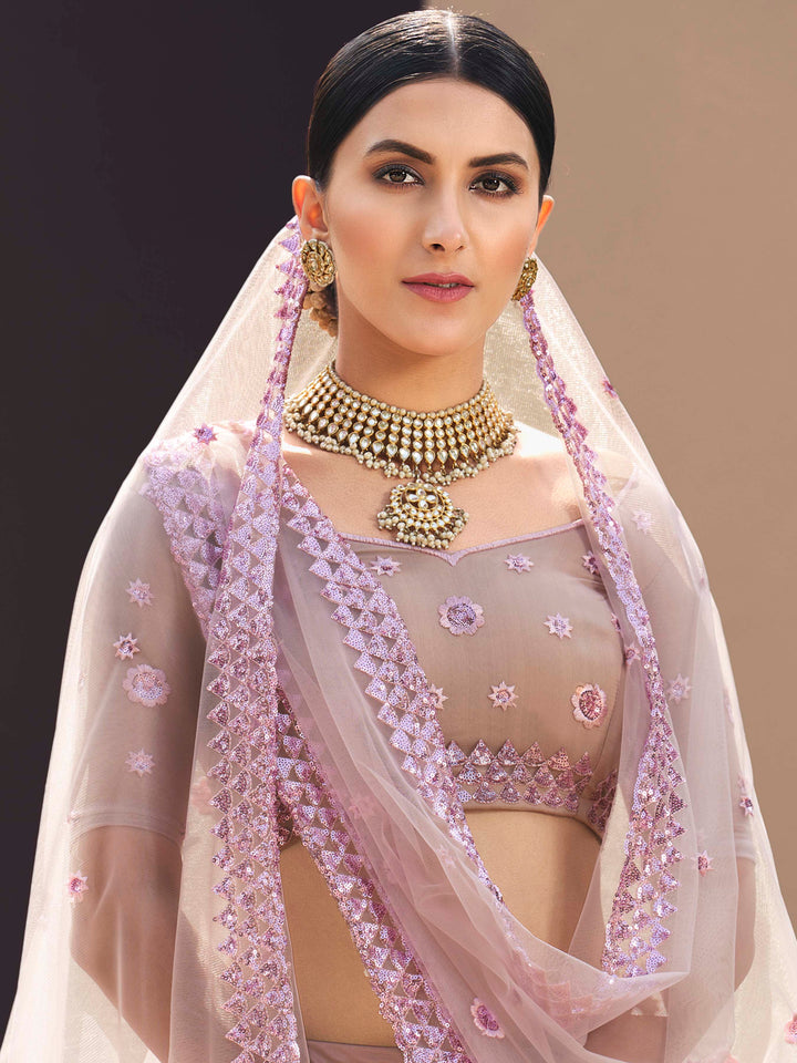 Soft Net Lehenga with Sequins and Thread Work | Semi-Stitched Lilac Lehenga