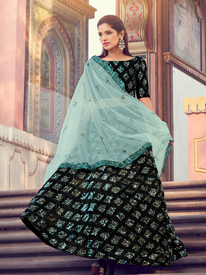 Imported Fur Teal Lehenga Set | Black and Sky Blue Party Wear Ensemble