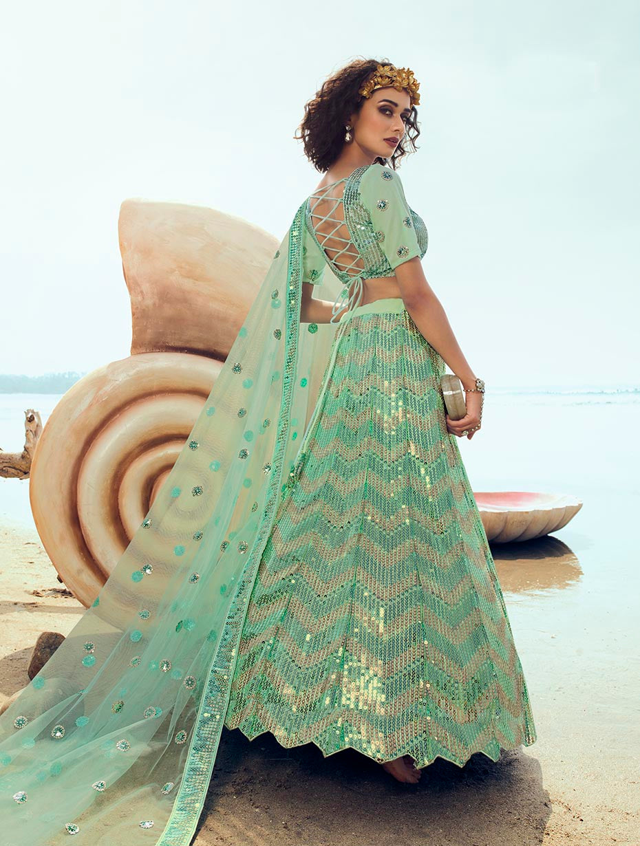 Exquisite Green Net Lehenga | Customizable for Wedding Wear