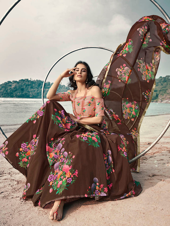 Brown Organza Lehenga | Stylish Printed Lehenga Choli for Sangeet Nights