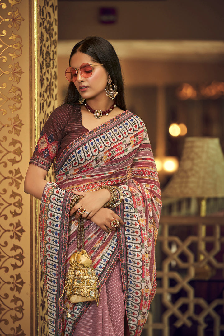 Mauve Georgette Saree with Sequins Work | Thread and Printed Art Silk Blouse