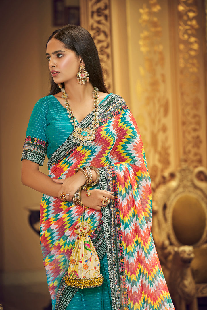 Turquoise Georgette Saree with Sequins Work | Thread and Printed Art Silk Blouse