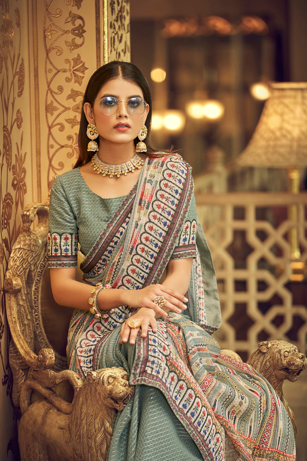 Sea Green Georgette Saree with Sequins Work | Thread and Printed Art Silk Blouse