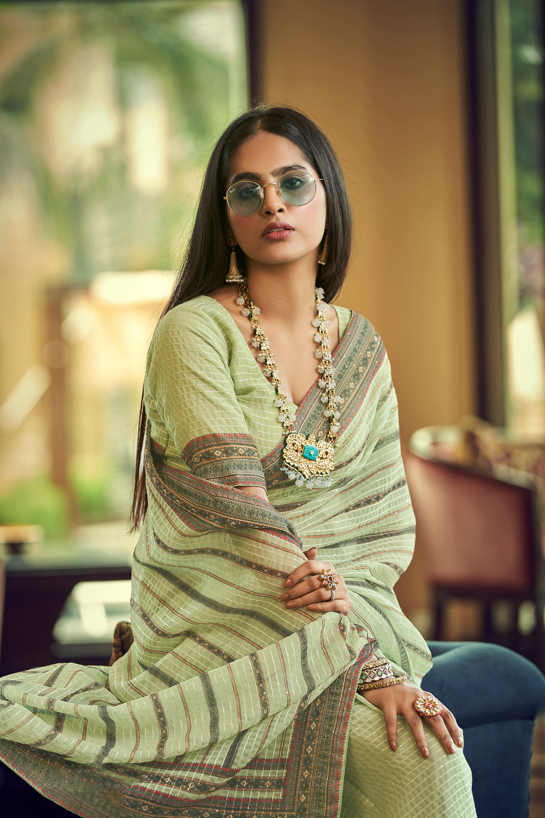 Pista Green Georgette Saree with Sequins Work | Thread and Printed Art Silk Blouse