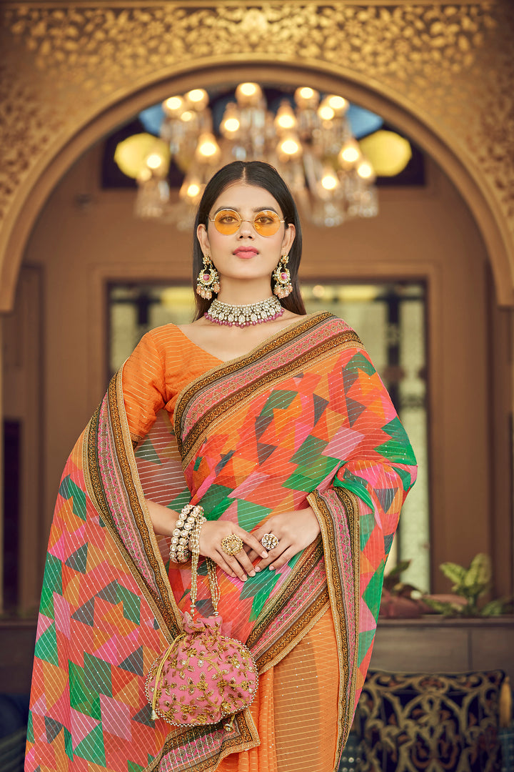 Orange Georgette Saree with Sequins Work | Thread and Printed Art Silk Blouse