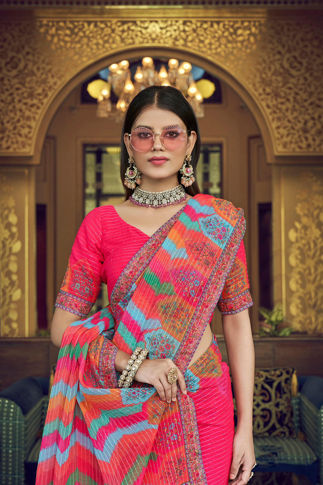 Pink Georgette Saree with Sequins Work | Thread and Printed Art Silk Blouse