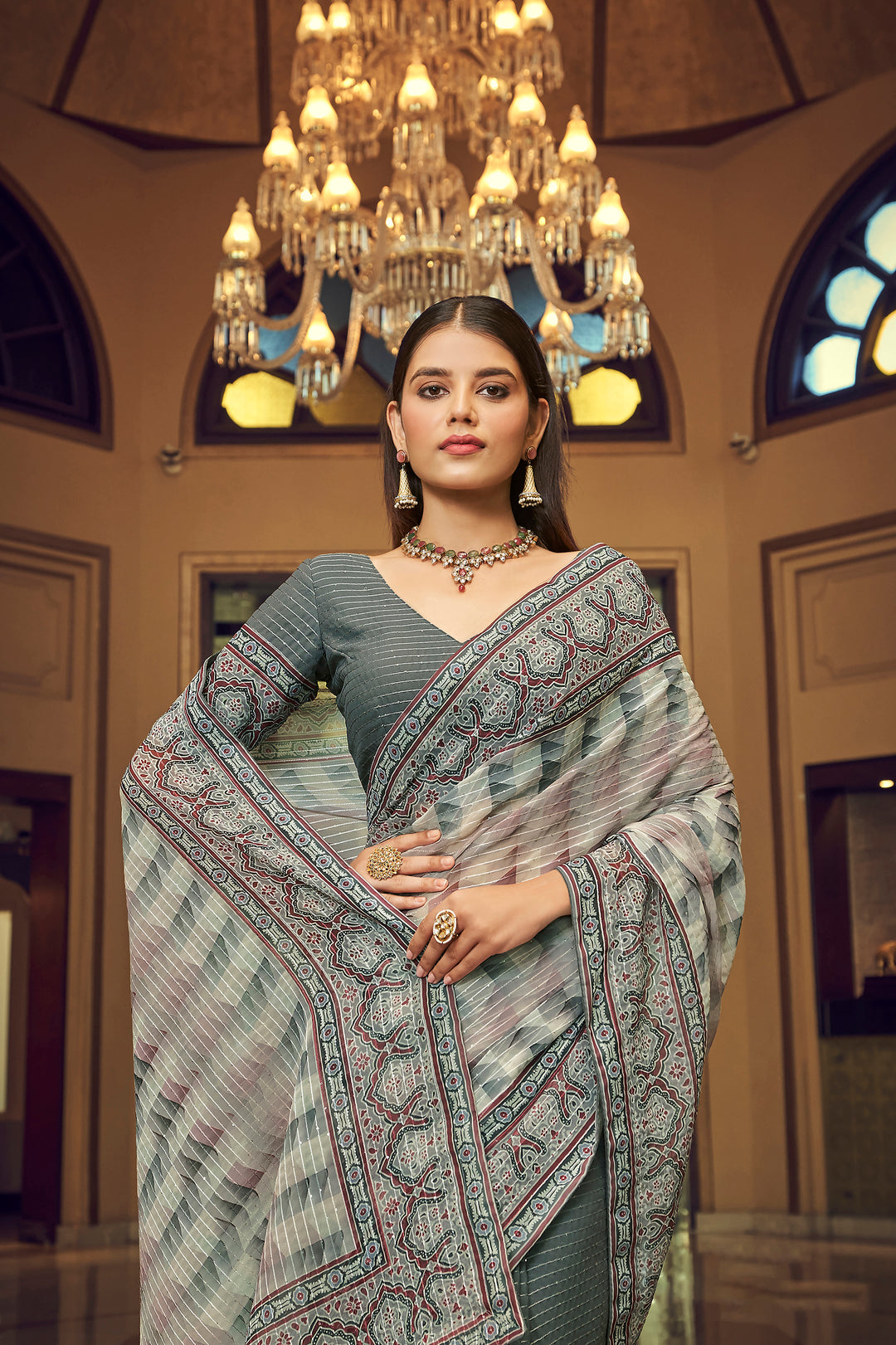 Grey Georgette Saree with Sequins Work | Thread and Printed Art Silk Blouse