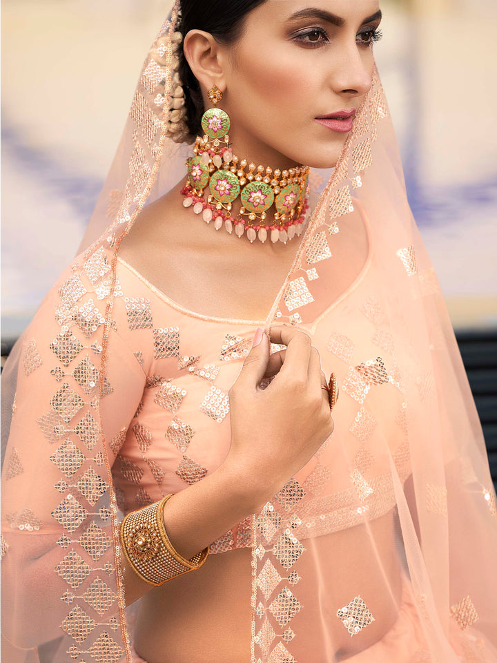 Soft Net Lehenga with Sequins and Thread Work | Semi-Stitched Peach Lehenga